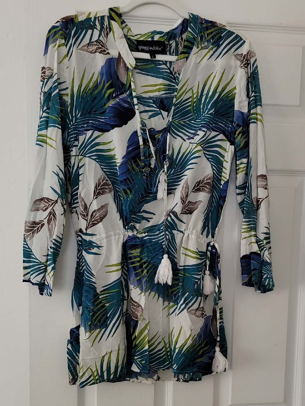 Spiaggia & Dolce White Tropical Print Tie-Waist Dress